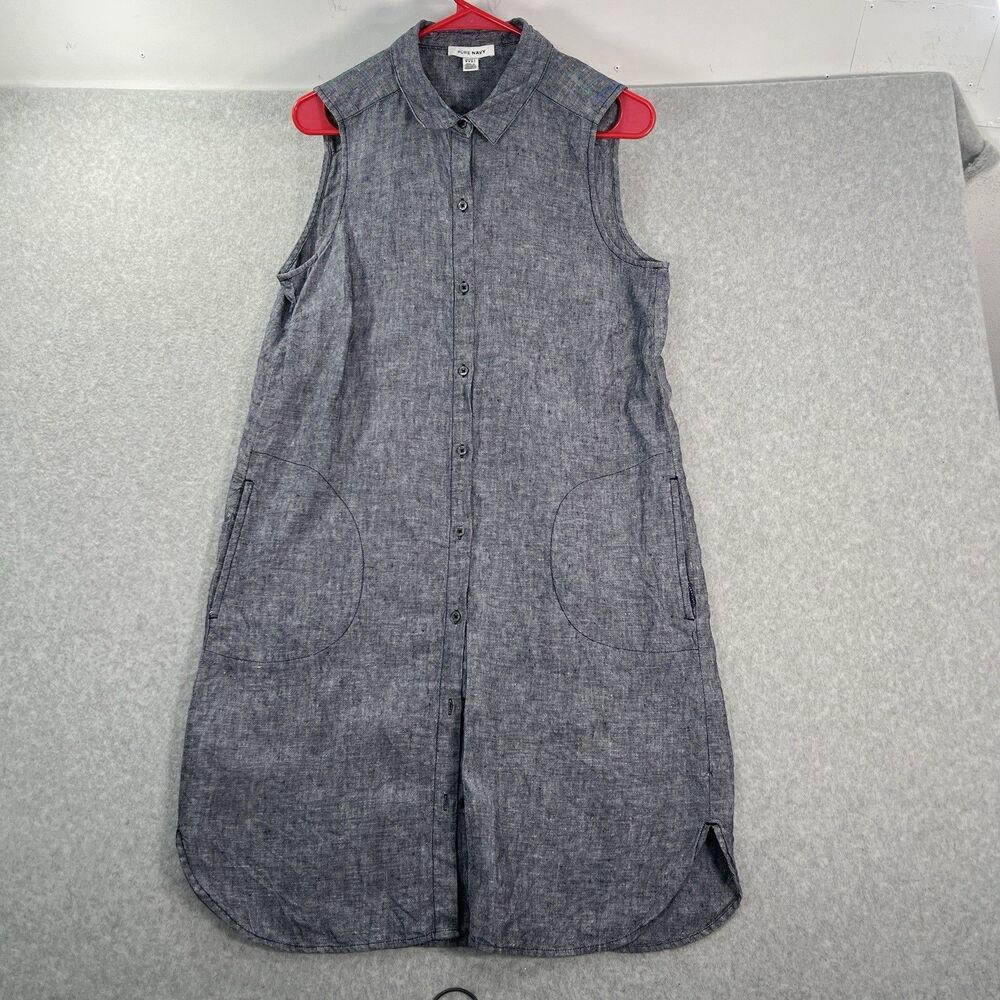 Pure Navy Blue Shirt Dress Collared Sleeveless Button Knee Length 100% Linen M - Picture 2 of 12